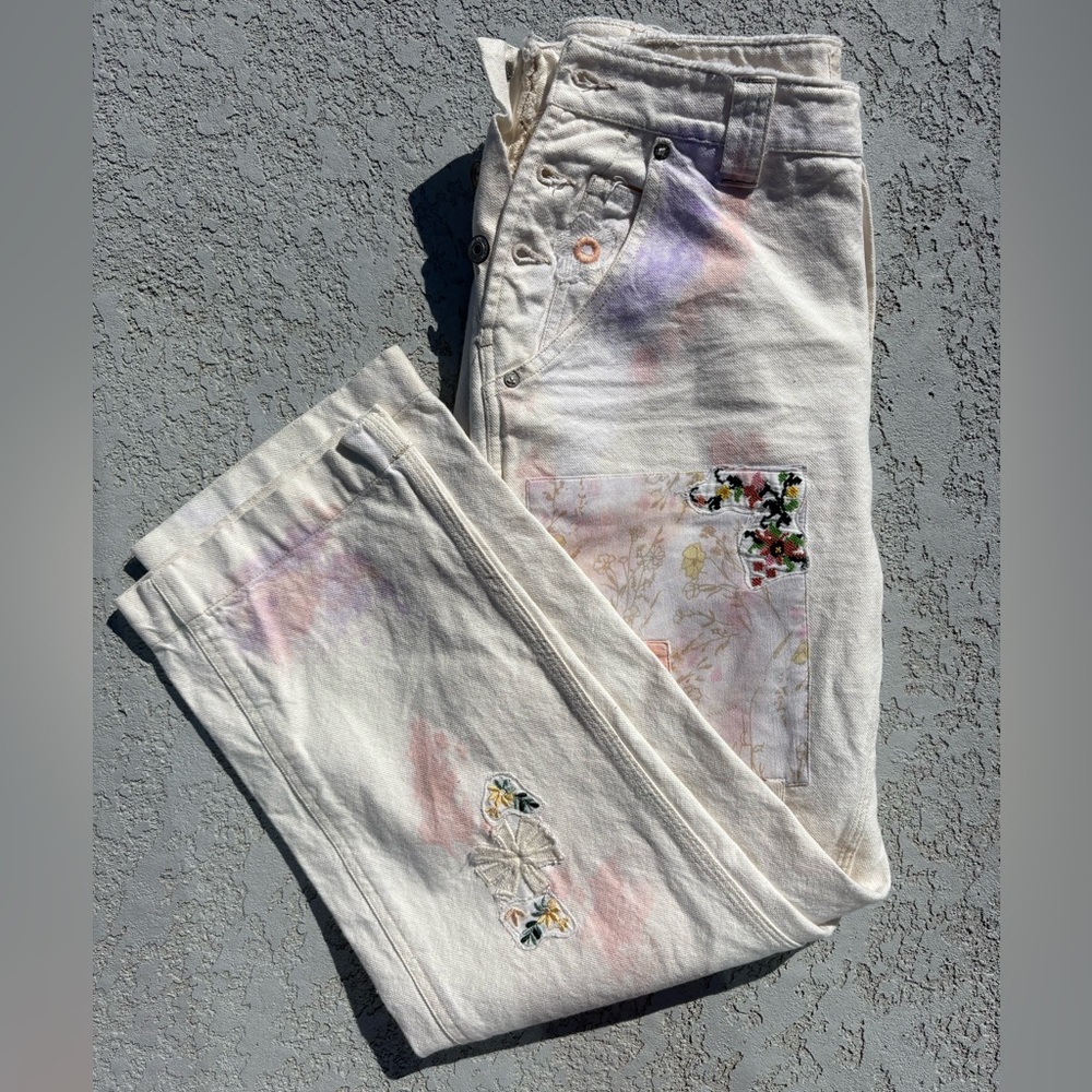 Free People Floral Embroidered Cream Jeans